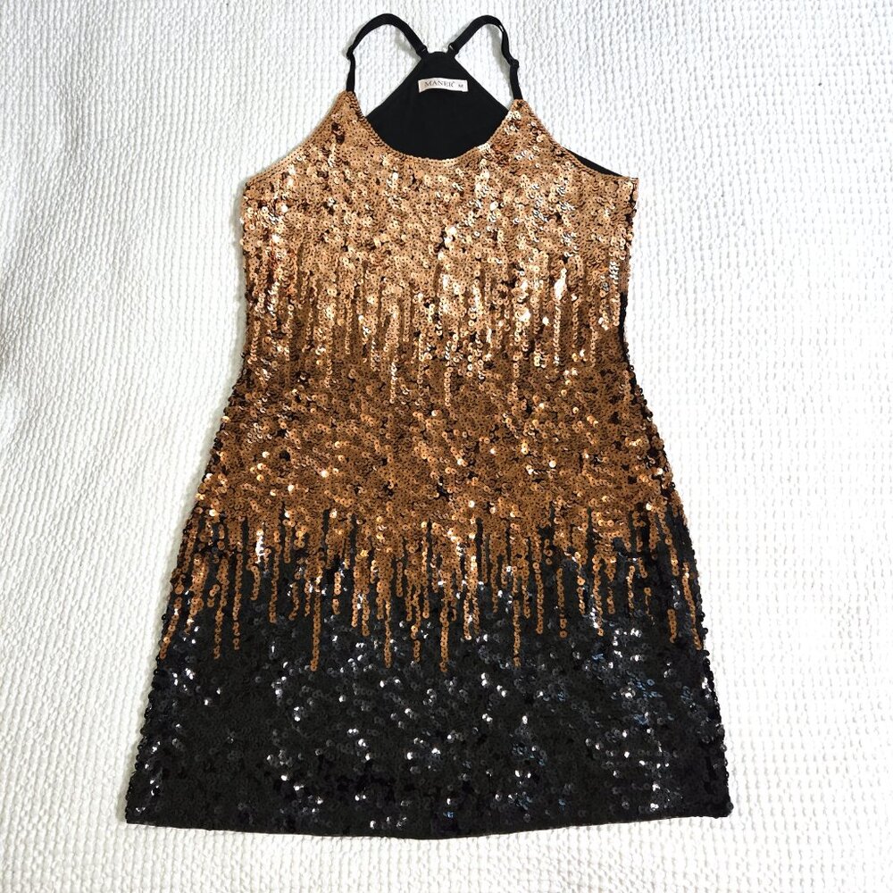 MANER Womens M Medium Sequin dress black brown gold racerback